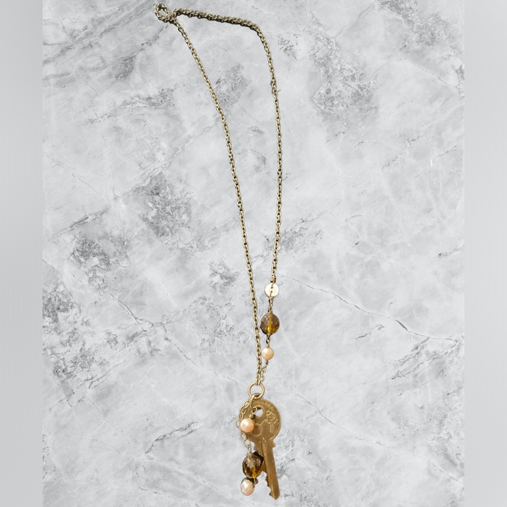 Bronze Key, Crystal, and Pearl Necklace